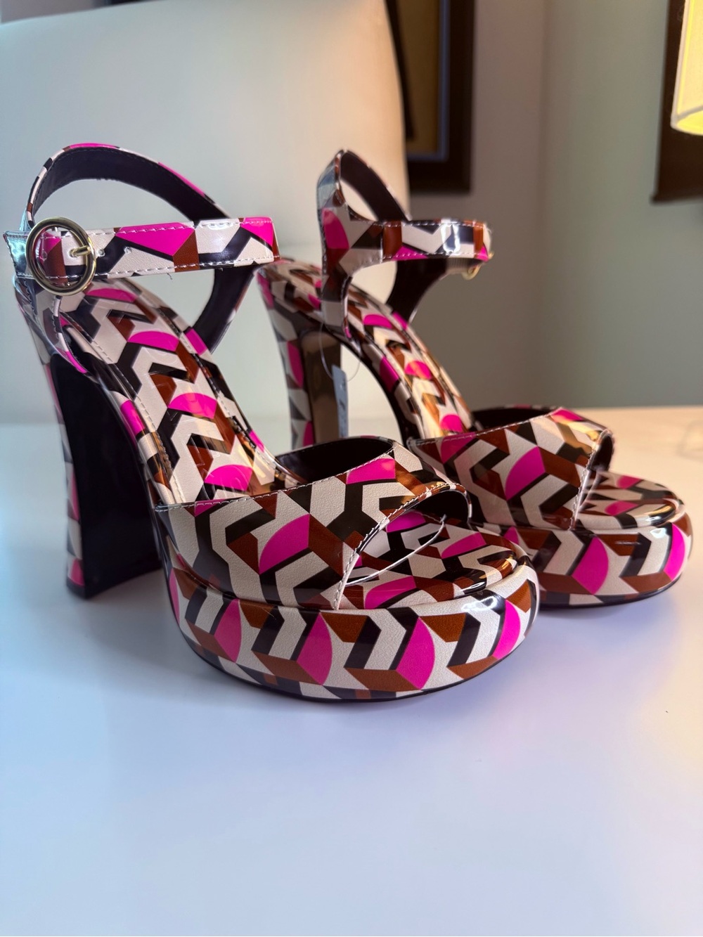 Express x Brian Atwood Pink Brown Black Geometric Platform Ankle-Strap Sandals